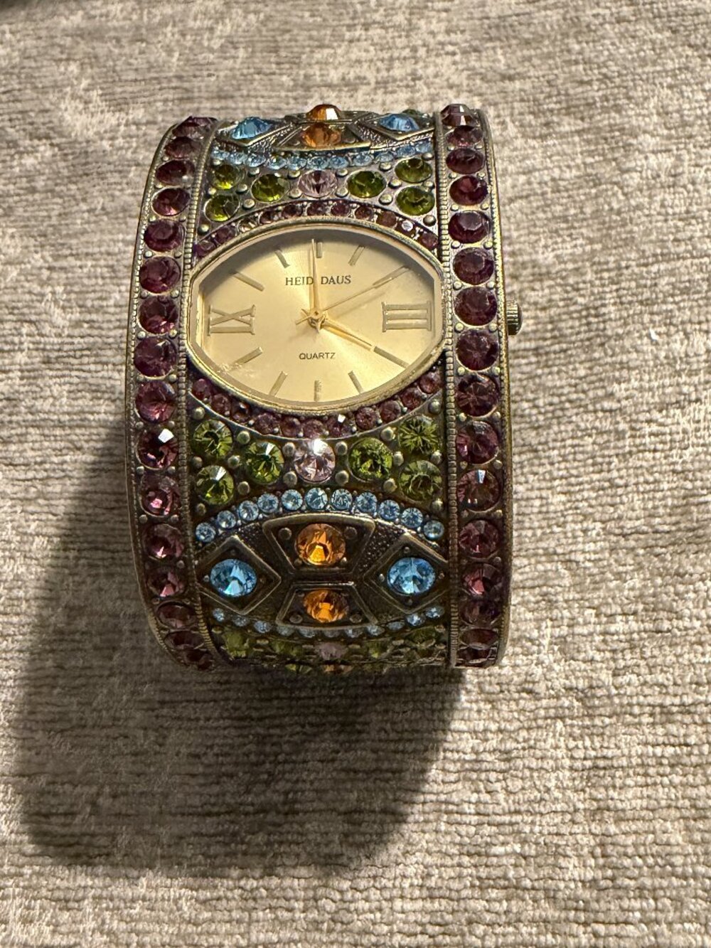 Vintage Heidi Daus Art Deco Multi Gems Cuff Quartz Watch Works! New Battery